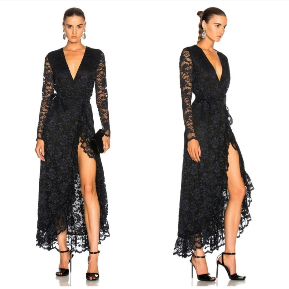 GANNI Flynn Lace V neck Wrap Ruffle and Lace Dress